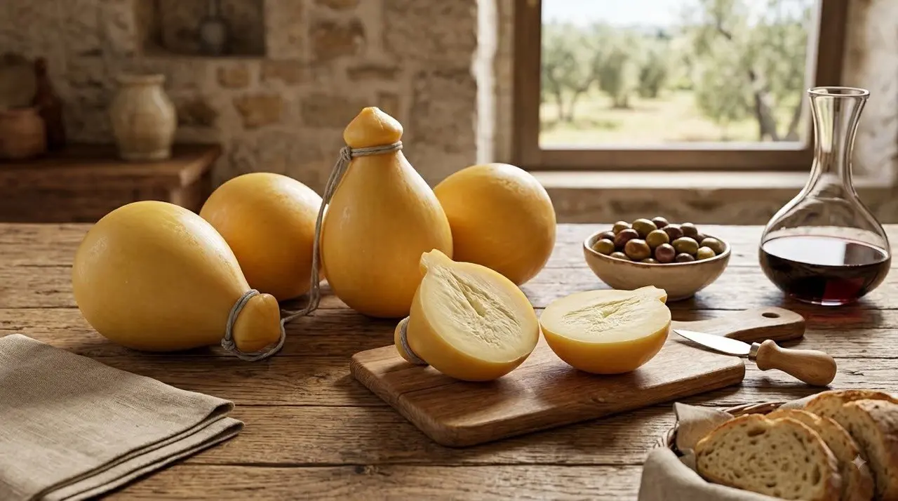 Provole di Basicò servite con pane, olive e vino