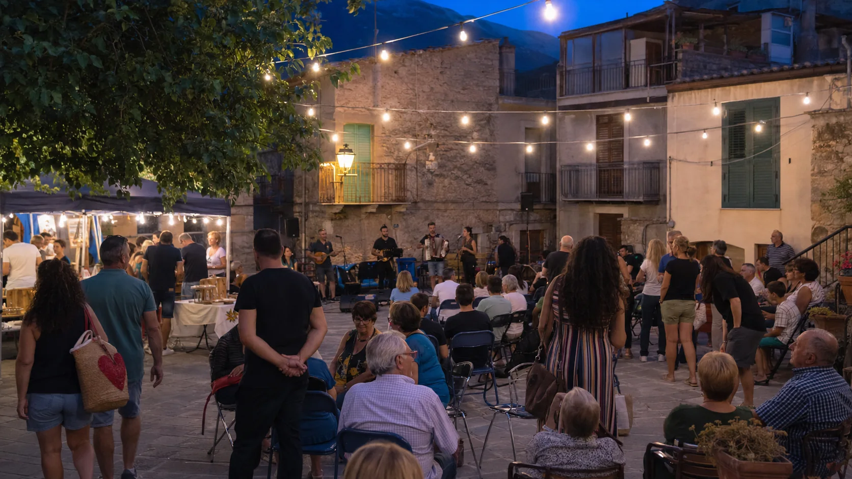 Pubblico e musica serale in una piazza di Basicò