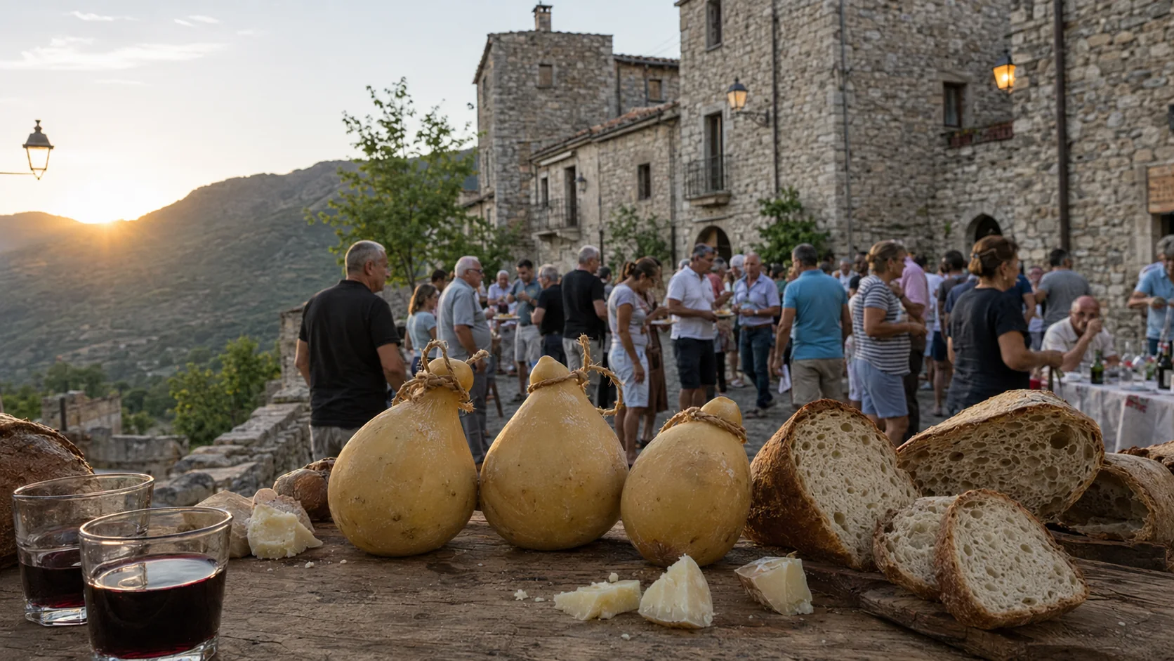 Provole di Basicò, pane casereccio e vino durante la festa